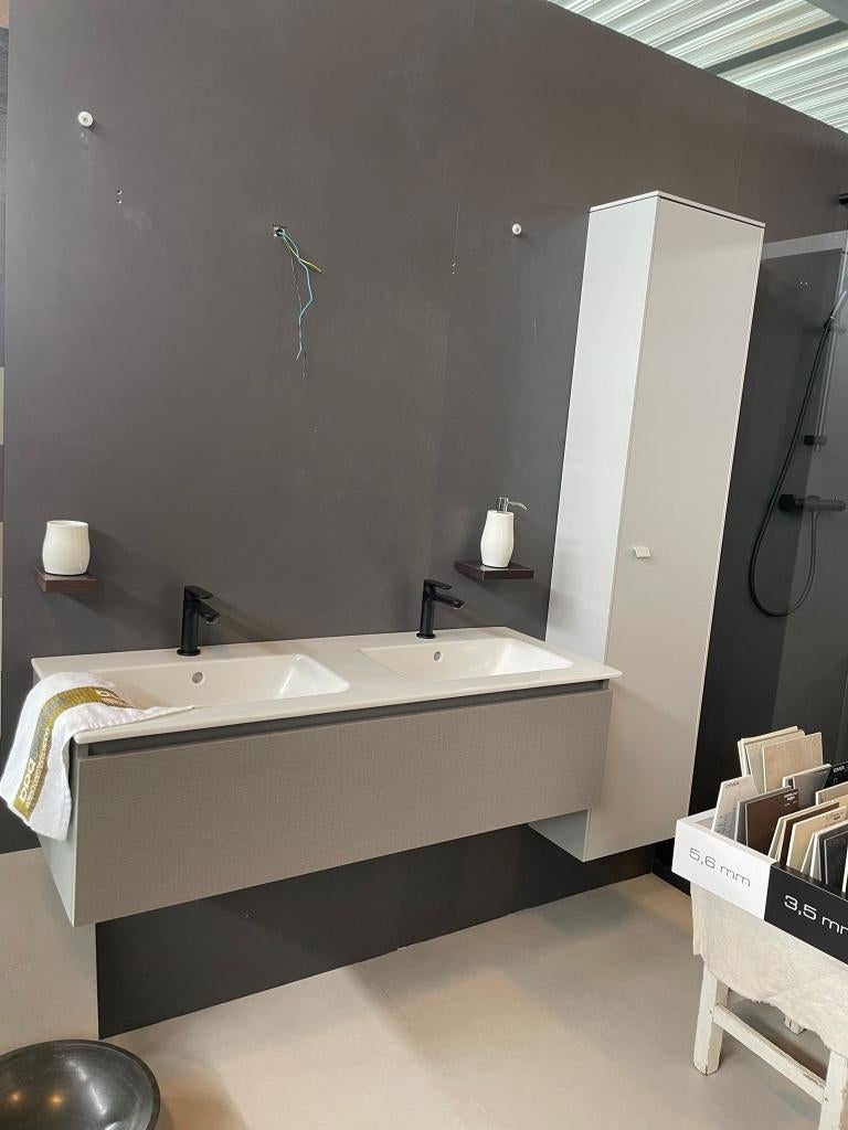 Primabad badkamermeubelset dubbele wastafel linnen taupe, Ophalen, 100 tot 150 cm, Nieuw, Minder dan 100 cm