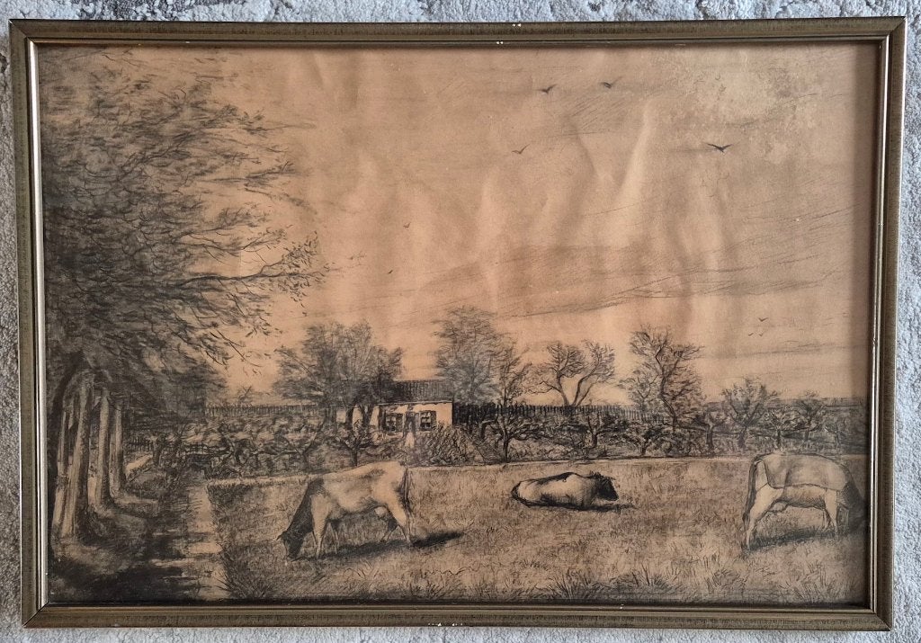 Antieke tekening van grazende koeien en een paard., Overige stijlen, Ophalen of Verzenden, Tekening, Papier