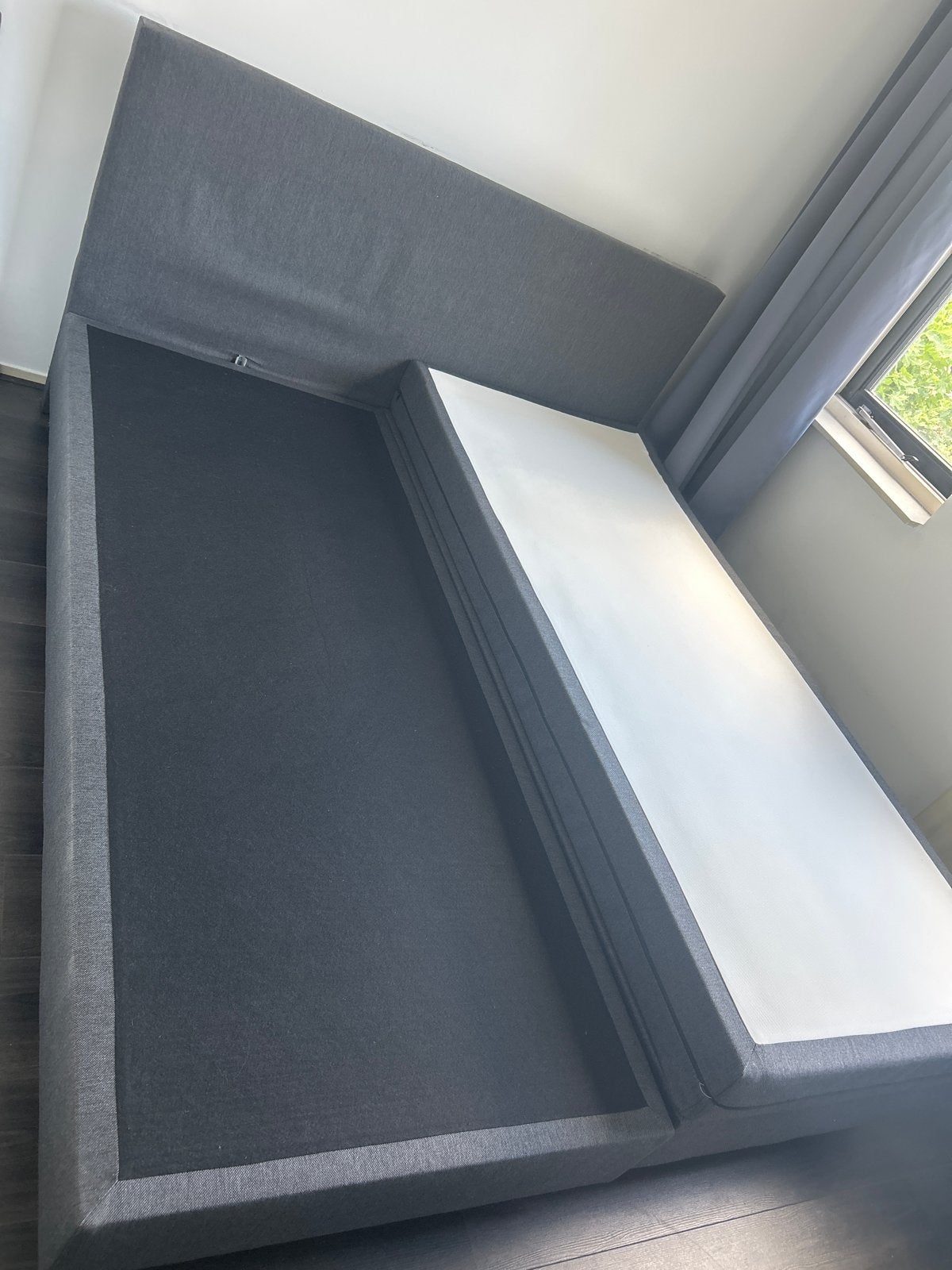 Tweepersoons boxspring bed met hoofdbord en matrassen, Ophalen, 210 cm, Tweepersoons, Zo goed als nieuw
