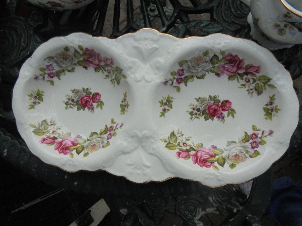 Engelse 2 vaks schaal Old Foley Harmony Rose roze witte roos, Ophalen of Verzenden