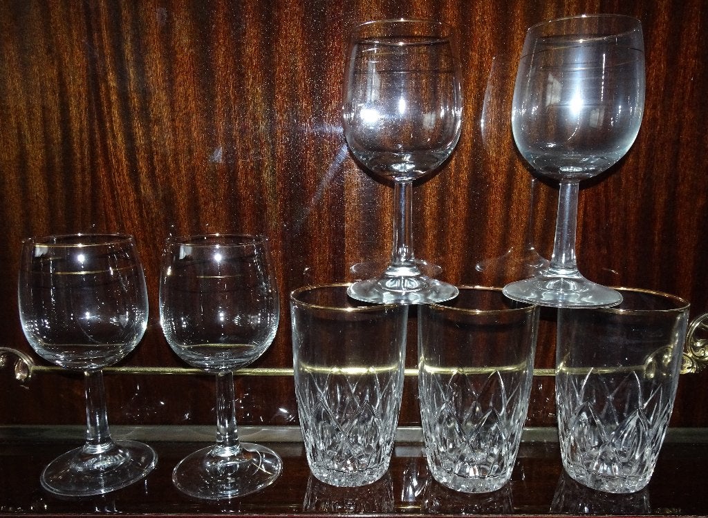 Glas Glazen goud randje * 4 wijn & 3 longdrink * 7 voor € 6, Antiek en Kunst, Ophalen
