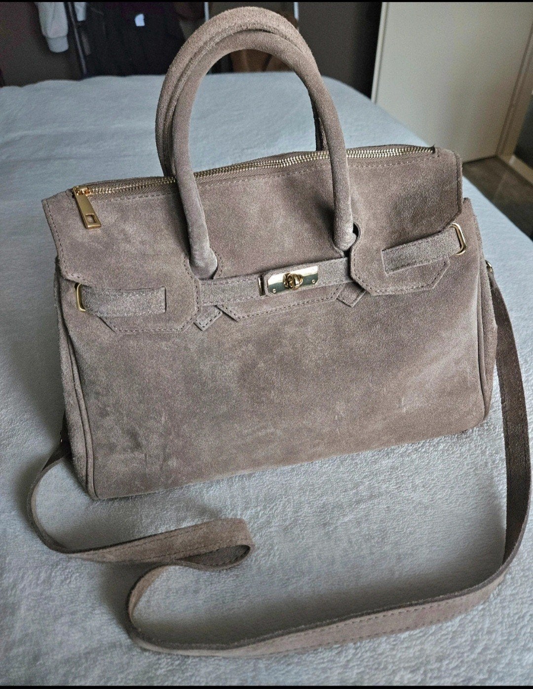 Echt leren suede tas taupe, Ophalen of Verzenden, Zo goed als nieuw, Bruin, Handtas