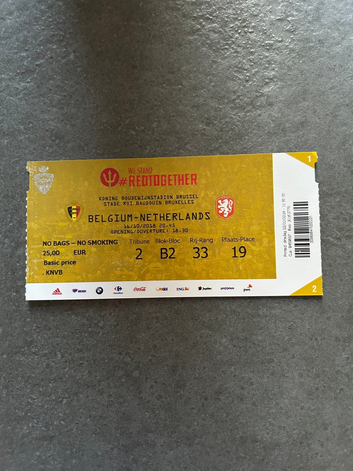 België - Nederland ticket, Verzamelen, Sportartikelen en Voetbal, Ophalen of Verzenden, Buitenlandse clubs, Overige typen