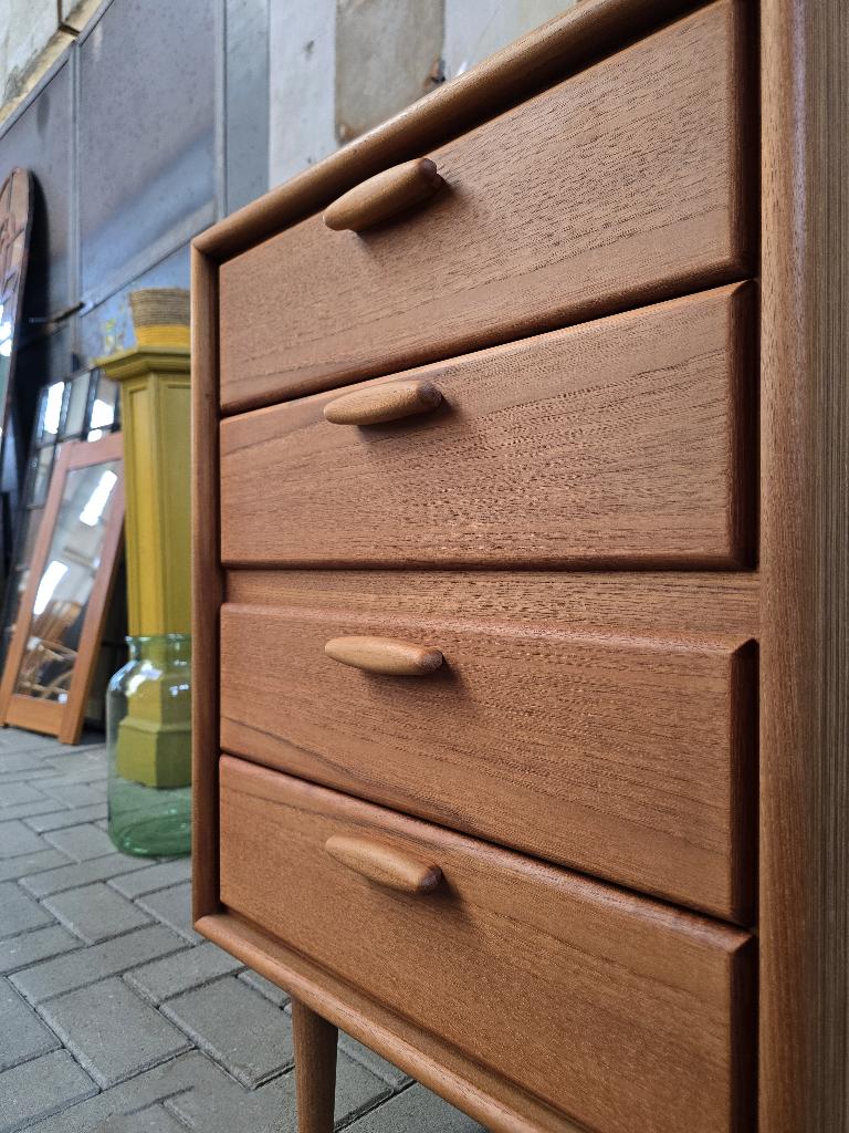Mid Century Design Ladekast Teak | Vintage Jaren 70 Dressoir, Gebruikt, 3 of 4 laden, Minder dan 100 cm, Grenenhout
