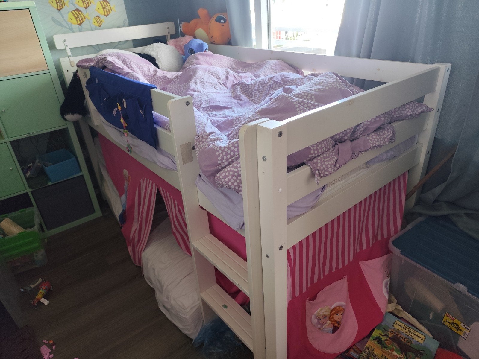 Halfhoogslaper met glijbaan en tent - Gebruikt, Huis en Inrichting, Slaapkamer | Stapelbedden en Hoogslapers, Gebruikt, 90 cm
