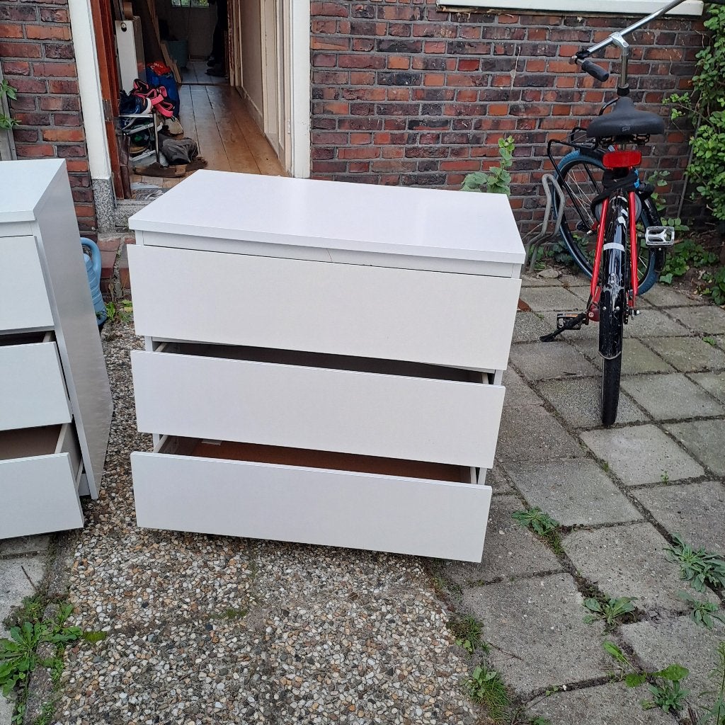 2 Ikea Malm ladekast, 3 lades, wit, 80x78