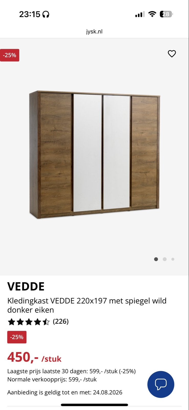 Kledingkast VEDDE 220x197 met spiegel wild donker eiken, Ophalen, Gebruikt, 200 cm of meer, Overige houtsoorten