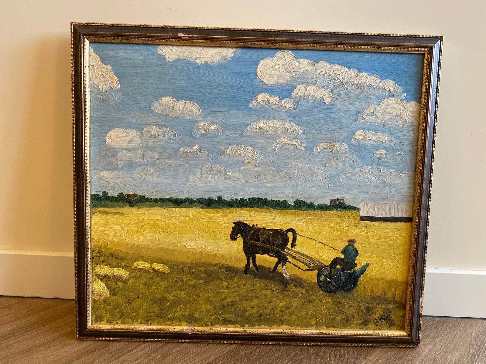Olieverfschilderij: Boer met paard op het land, Ophalen, Doek, Realistisch, Gesigneerd