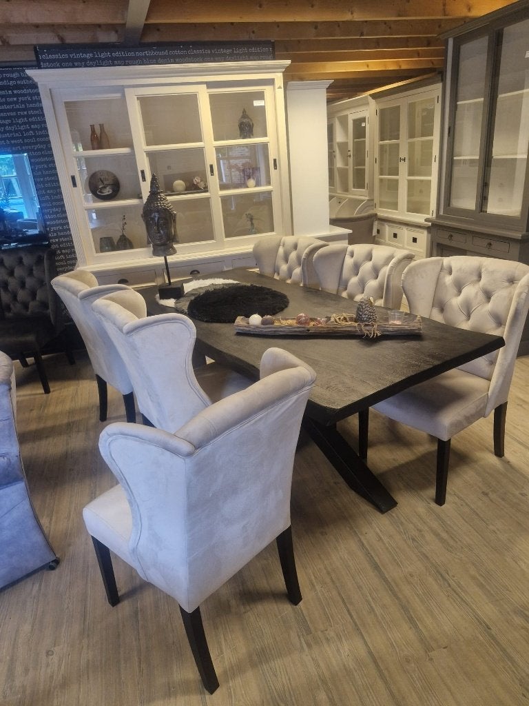 VOORRAAD 6 Landelijke Eetkamerstoelen Daisy Velvet Beige (8), Overige kleuren, Landelijke eetkamerstoelen Daisy Knoopjes Stof Velvet Beige