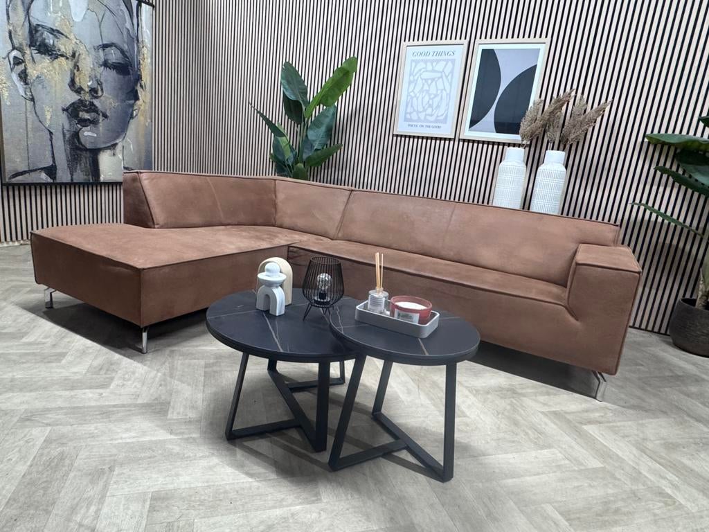 ZGAN Kapenga Cognac Hoekbank Microleer - 280 x 195, 250 tot 300 cm, Trendy Cognac hoekbank microleer industrieel bruin, -, -