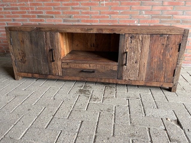 TV meubel 160 cm breed massief Oud hout voorraad actie, TV meubel 160cm br massief Oud hout voorraad snelle levering, 1 of 2 laden