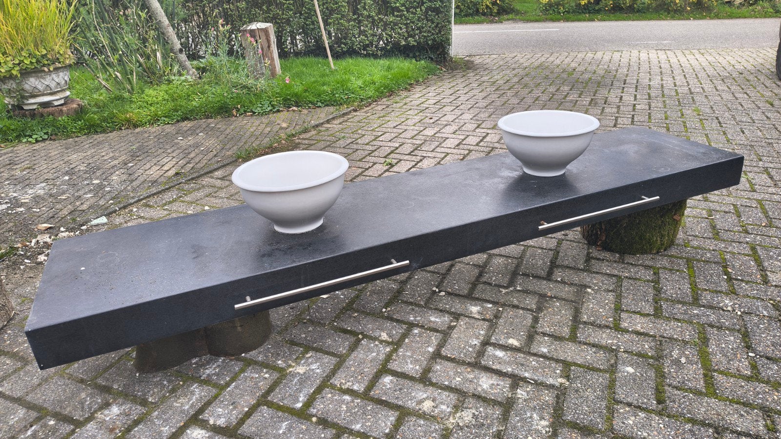 Granieten wastafelblad met twee waskommen, Ophalen, Gebruikt, 200 cm of meer, Minder dan 100 cm