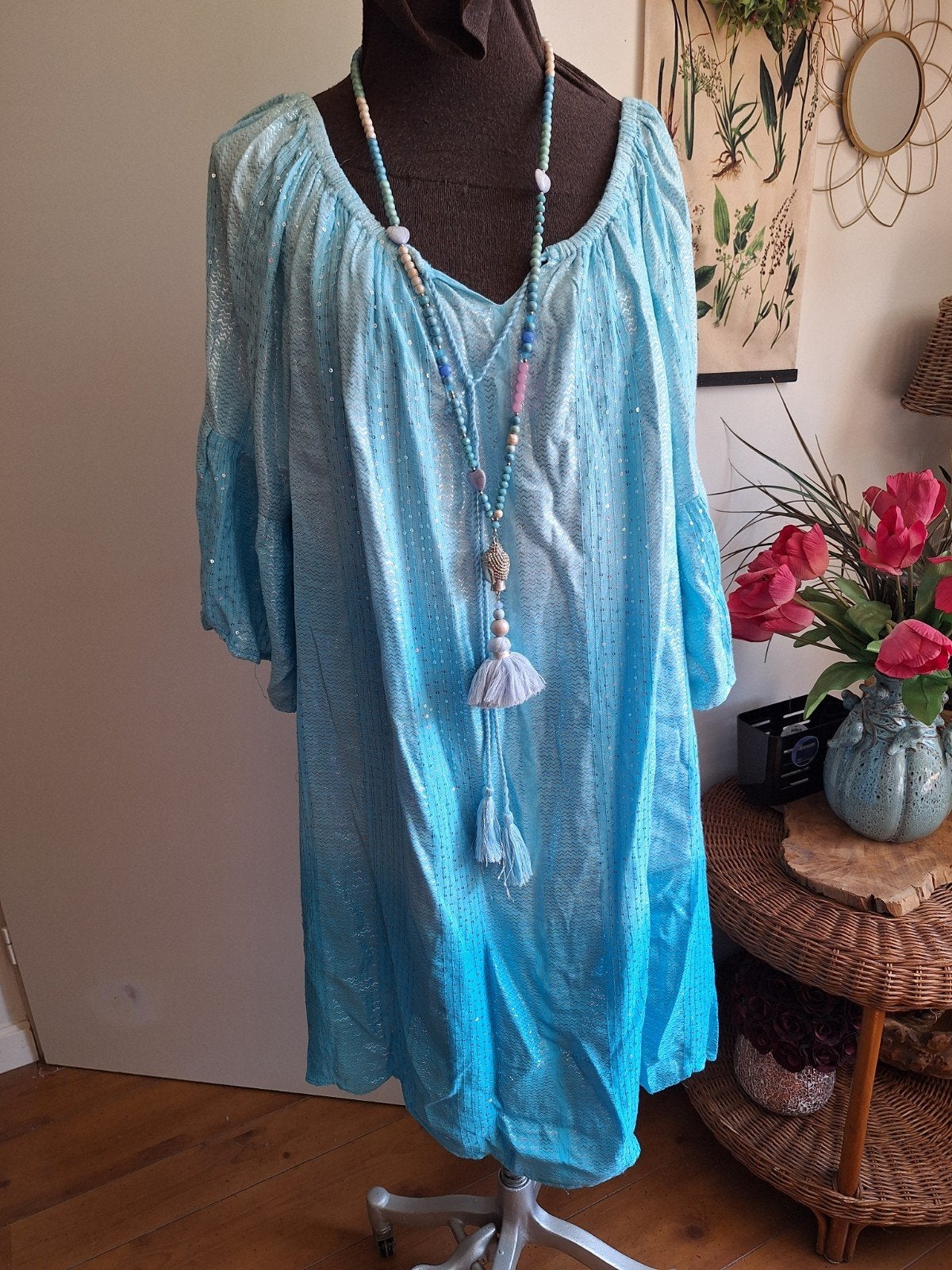 Ibiza boho style tuniek jurk xxl 48 50 52 54 blauw glans, Ophalen of Verzenden, Zo goed als nieuw, Blouse of Tuniek