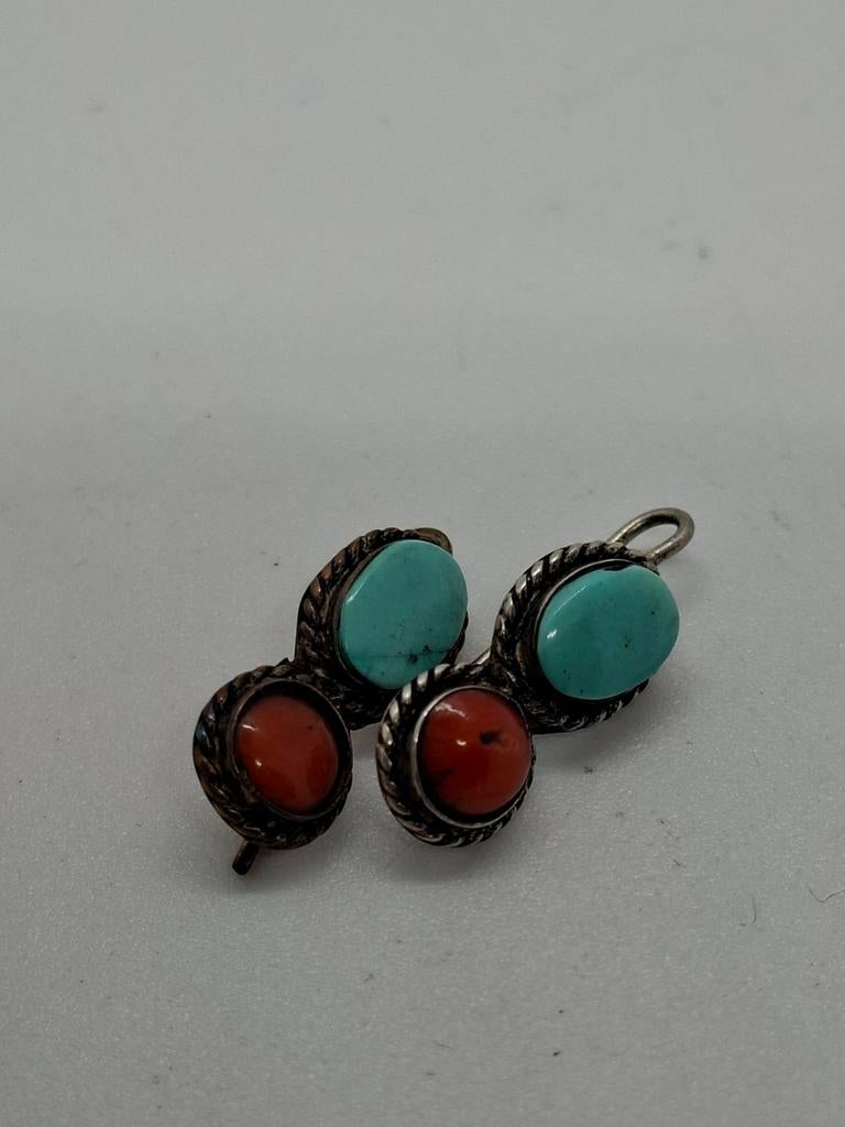 Native American stijl oorbellen met turkoois en koraal, Ophalen of Verzenden