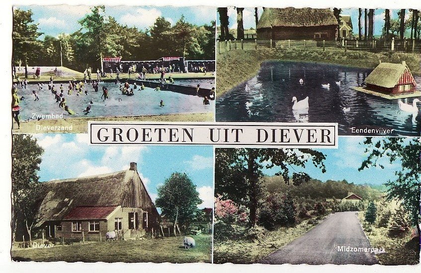 Diever (Dr.) Groeten uit 4 vensterkaart in Bromocoler 1964., Ophalen, 1940 tot 1960, Gelopen, Drenthe