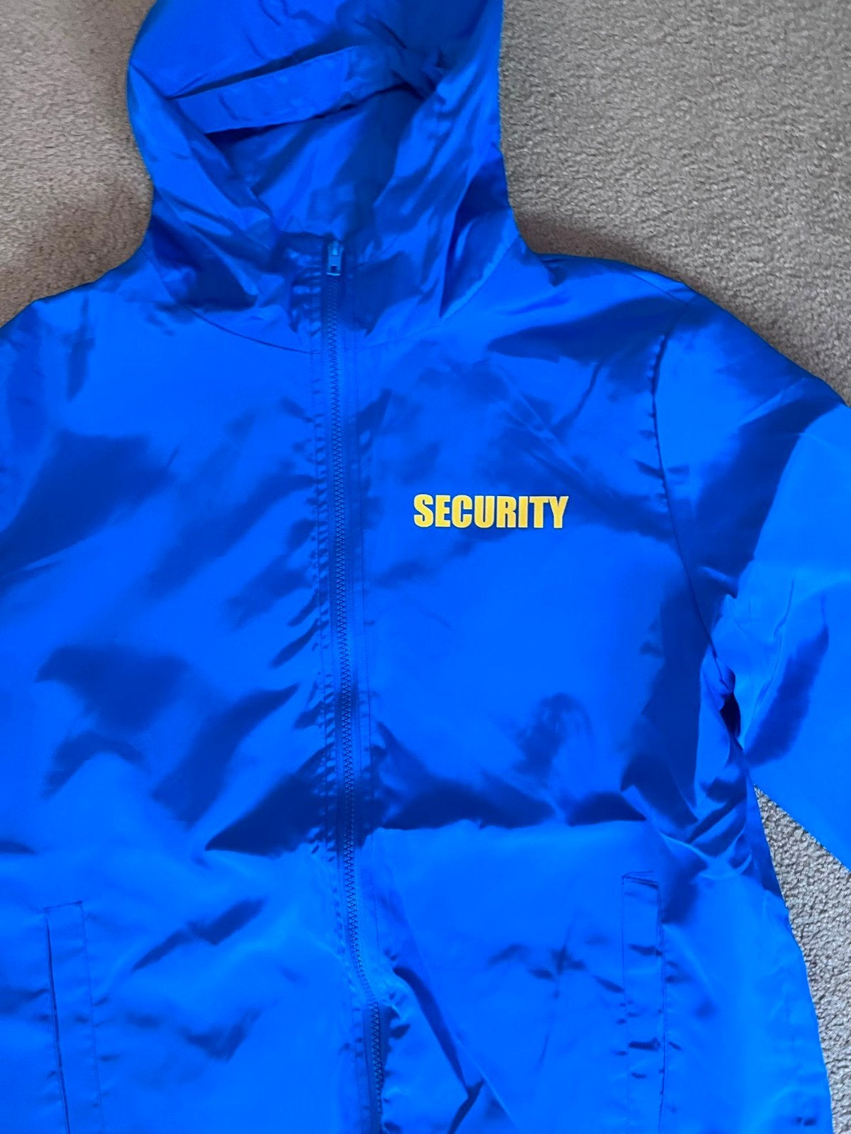 Blauwe 'Security' jas met capuchon, Onbekend, Ophalen of Verzenden, Zo goed als nieuw, Maat 48/50 (M)
