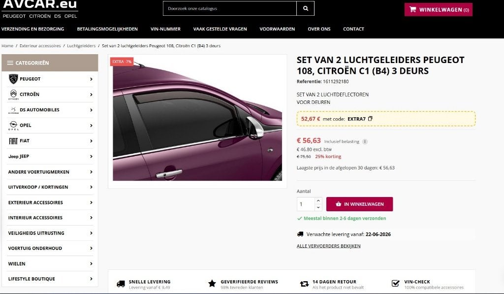 Luchtgeleiders C1,Aygo,108, Citroën, Deur, Ophalen of Verzenden, Nieuw