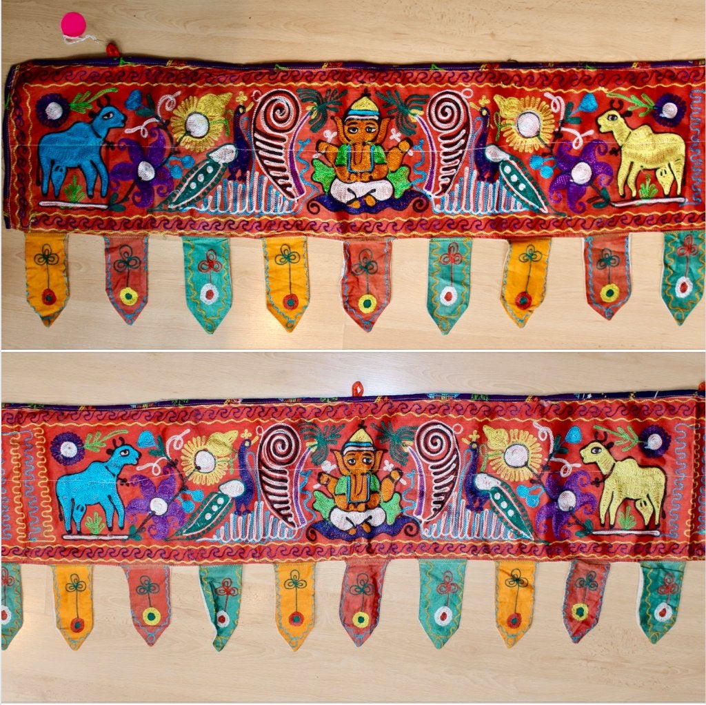 Boho India toran geborduurde band raam of tent decoratie XL, Antiek en Kunst, Wanddecoratie, Textiel, India, Handgemaakt
