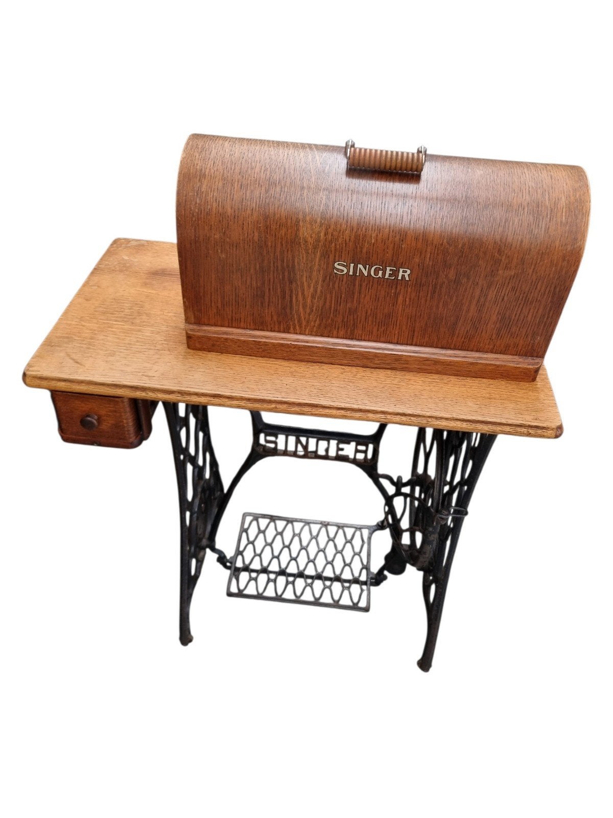 Antieke Singer Naaimachine met Houten Tafel en Kap, Ophalen