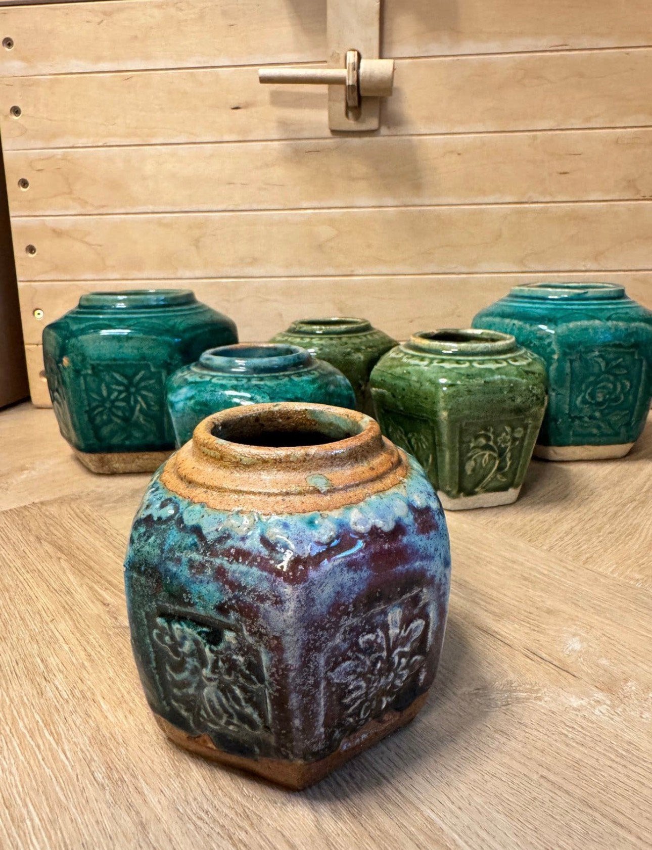 6 prachrige vintage gemberpotten, Ophalen of Verzenden, Gebruikt, Groen, Overige materialen
