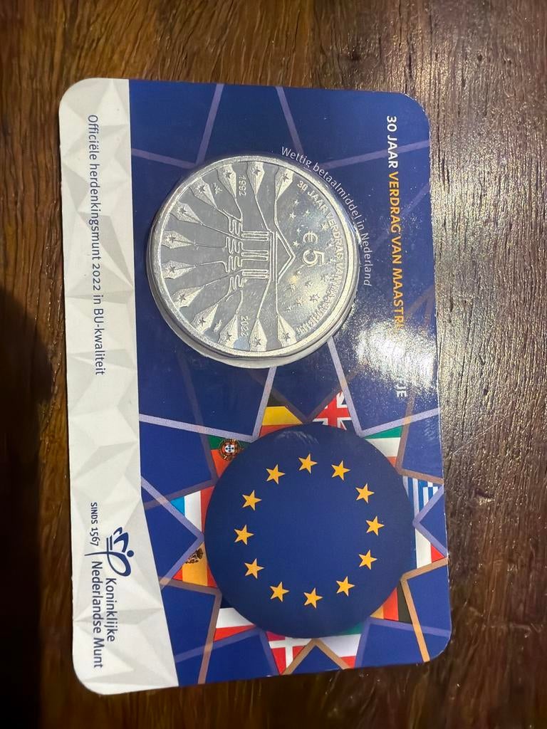Zwaar verzilverde €5 munt 30 Jaar Verdrag van Maastricht, Koningin Beatrix, Zilver, Losse munt, Overige waardes