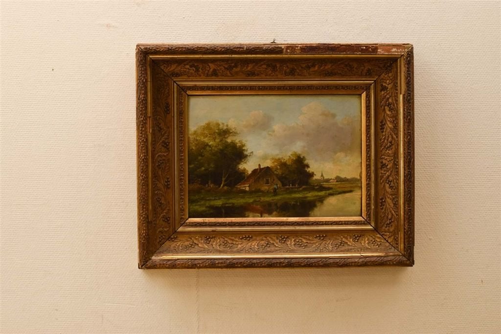 Schilderij van een boerderij met een boer 48398, Ophalen of Verzenden, Gebruikt, Schilderij