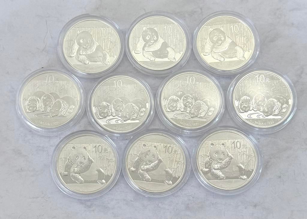 10x 1oz 2013/2015 10 Yuan / Panda 999 zilver, Ophalen of Verzenden, Oost-Azië, Setje, Zilver