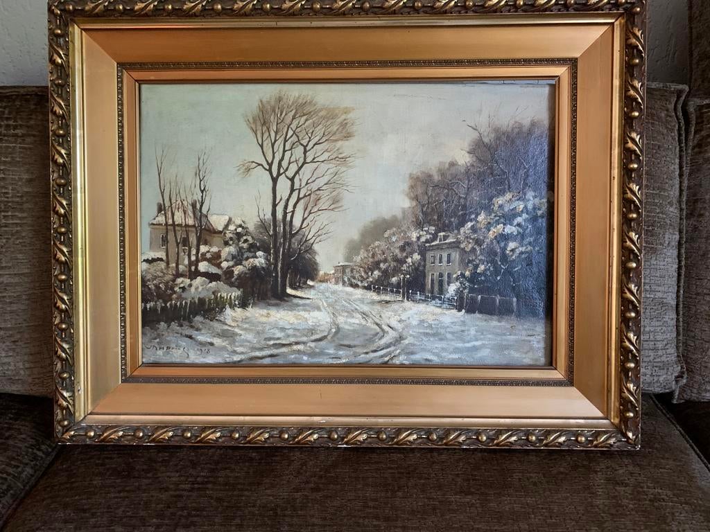Antiek schilderij met mooie lijst, Ophalen of Verzenden