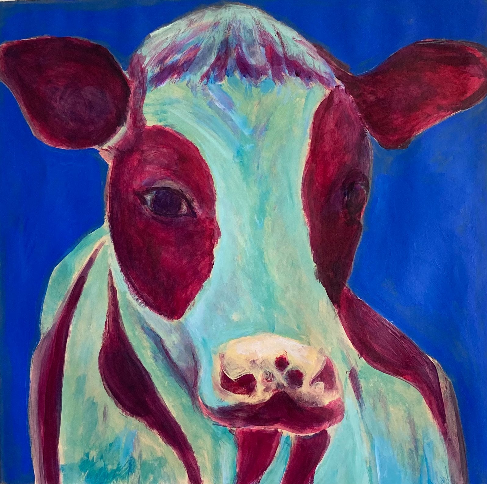 Gekleurde Koe, acryl op papier, Ophalen of Verzenden