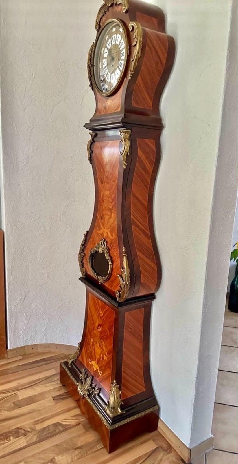 Antieke Franse staande klok met marqueterie en brons, Antiek en Kunst, Ophalen of Verzenden