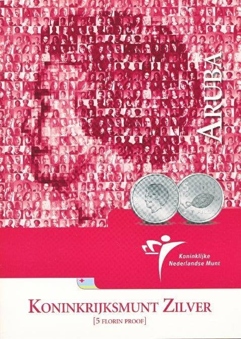 Aruba 5 Florin 2004 Koninkrijksmunt proof in blister, Setje, Koningin Beatrix, Zilver, Overige waardes