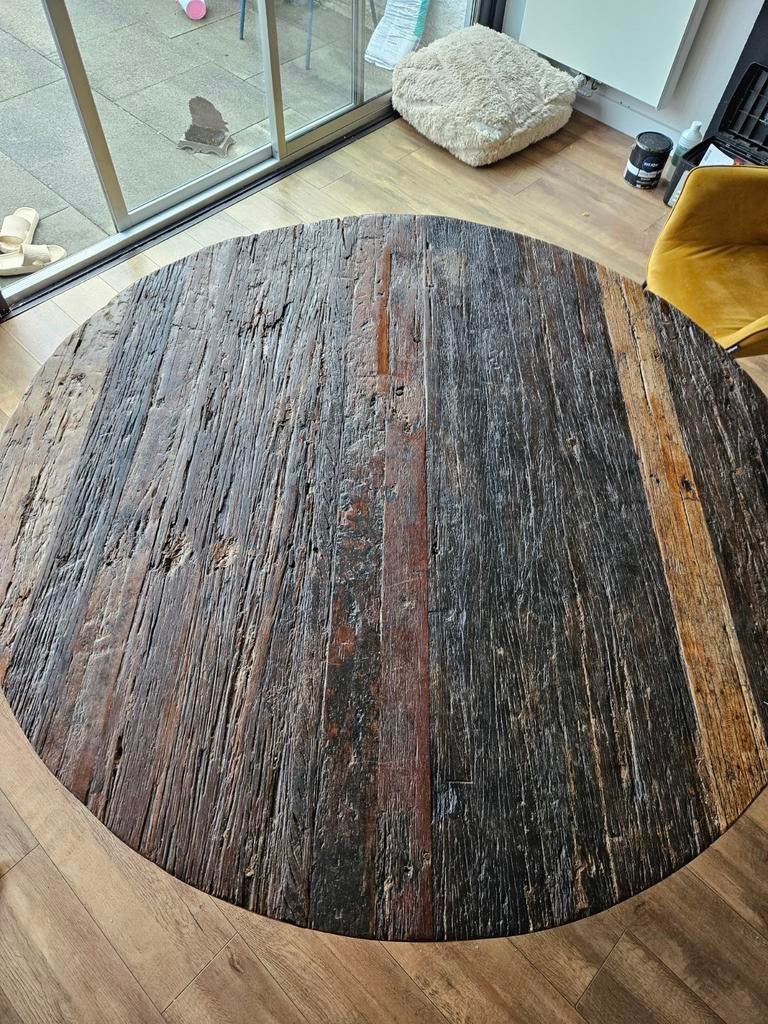 Ronde tafel van oude wagon planken , 150 cm breed, Huis en Inrichting, Tafels | Eettafels, Ophalen