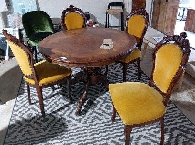 Antieke eetkamerset: ronde tafel met 4 stoelen, Antiek en Kunst, Antiek | Meubels | Stoelen en Banken, Ophalen of Verzenden