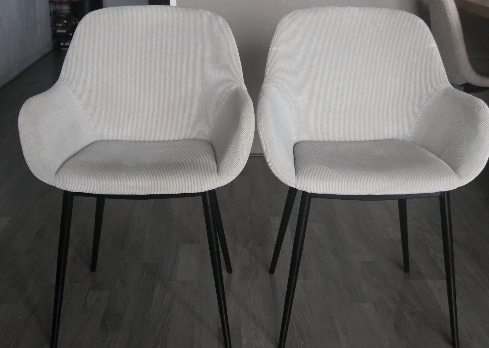 Set van 2 grijze eetkamerstoelen met armleuningen, Huis en Inrichting, Stoelen, Ophalen, Gebruikt, Twee, Stof