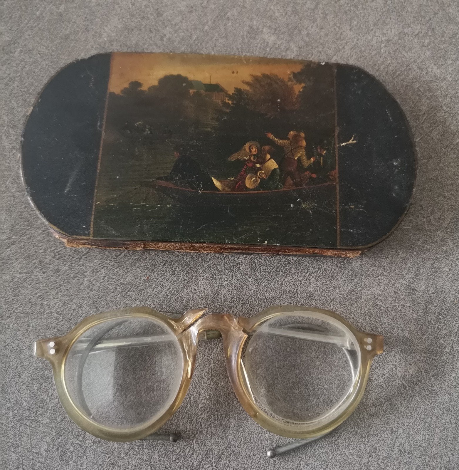 Antieke Vintage Ronde Bril met Prachtige Opbergbox, Antiek en Kunst, Ophalen of Verzenden