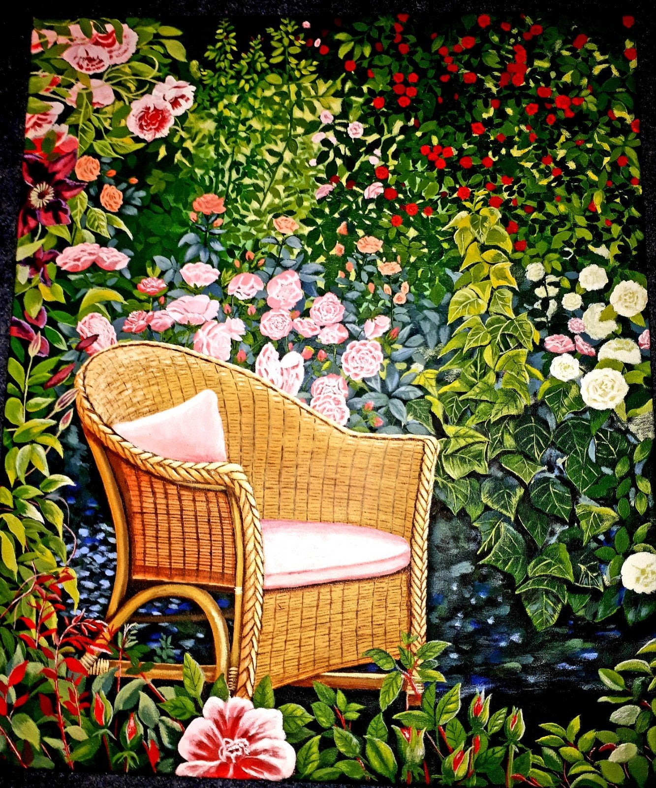 Schilderij: Rotan stoel in bloeiende tuin, Antiek en Kunst, Ophalen of Verzenden