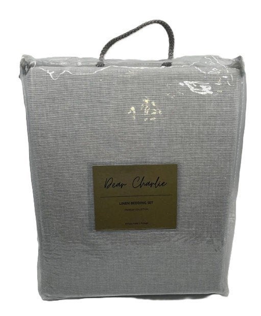 100% linnen dekbedovertrek 240x220 met slopen Grey Stripes, Ophalen of Verzenden, Ademend, Grijs, Linnen
