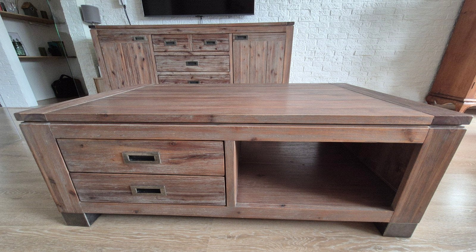 Bommel salontafel massief Acacia hardhout 130x75x45, Ophalen, Gebruikt, 100 tot 150 cm, Teakhout