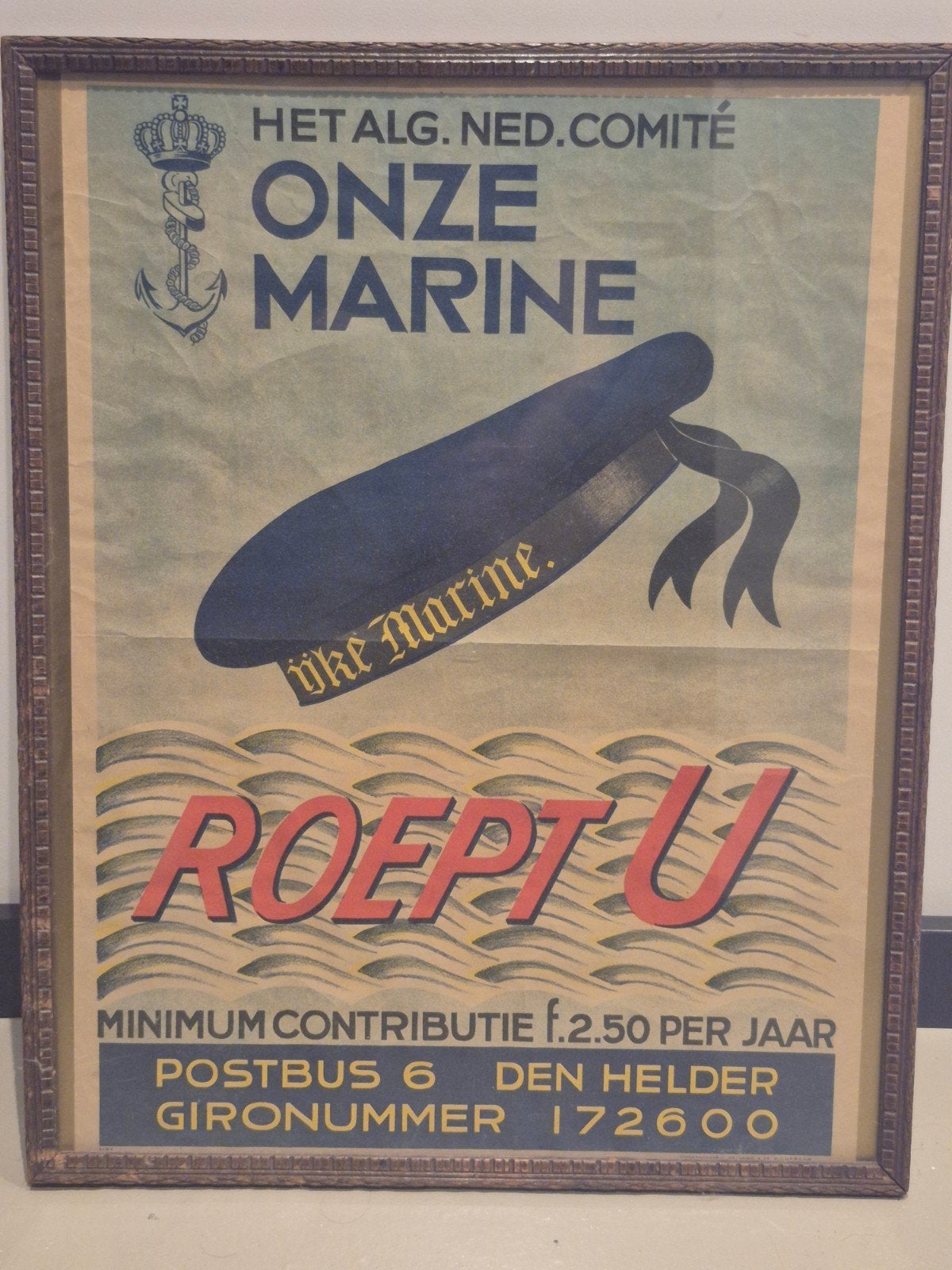 Originele Oorlogsposter 'Onze Marine Roept U' 1944, Met lijst, Ophalen of Verzenden, A1 t/m A3, Overige onderwerpen