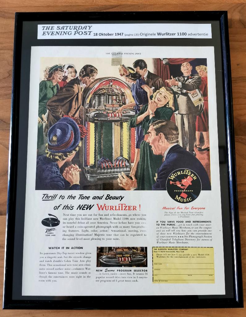 Originele Wurlitzer 1100 advertentie - 18 oktober 1947, Verzamelen, Automaten | Jukeboxen, Ophalen of Verzenden, Zo goed als nieuw