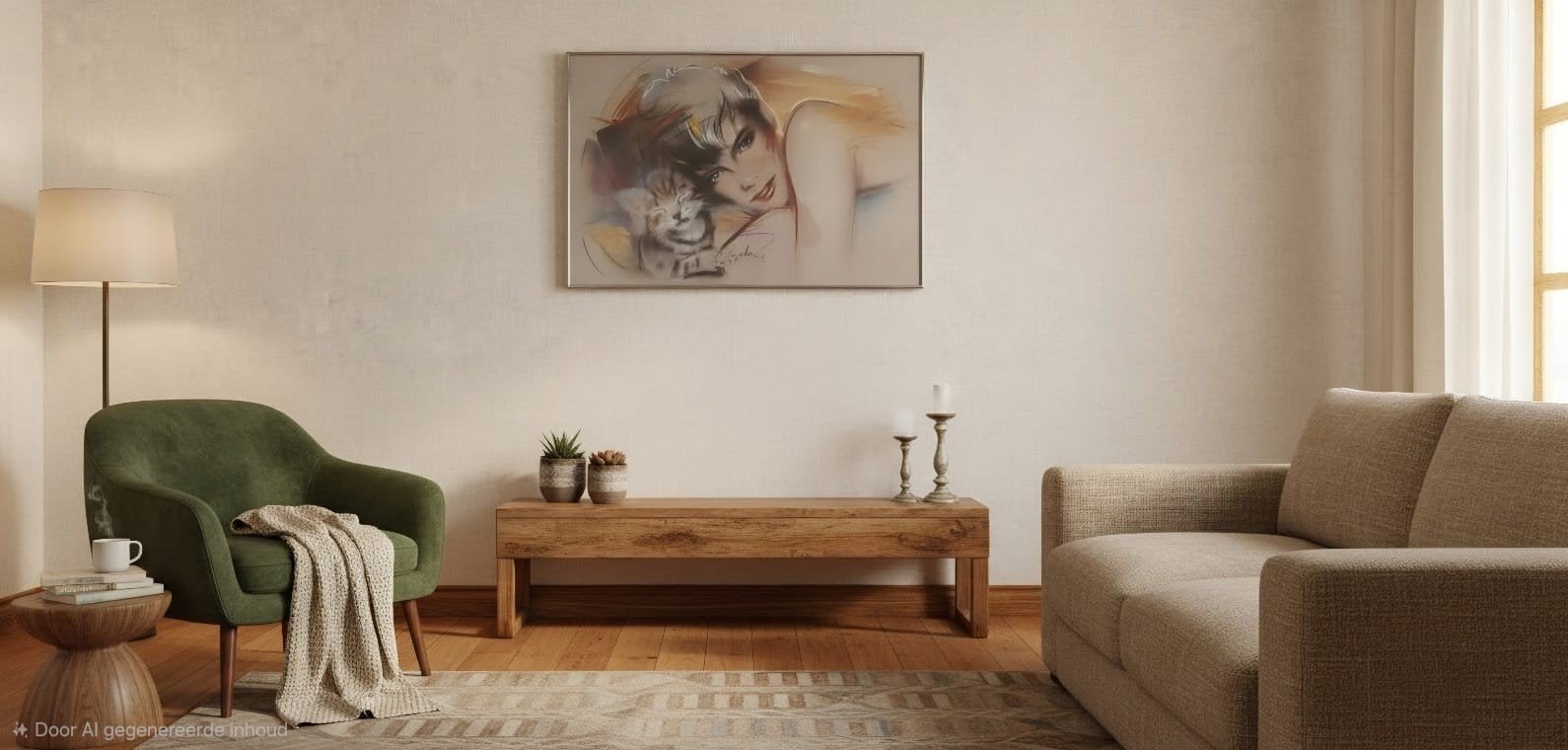 Schilderij Vrouw met Kat - Pastel/Tekening, Antiek en Kunst, Ophalen, Realistisch, Dieren, Ingelijst