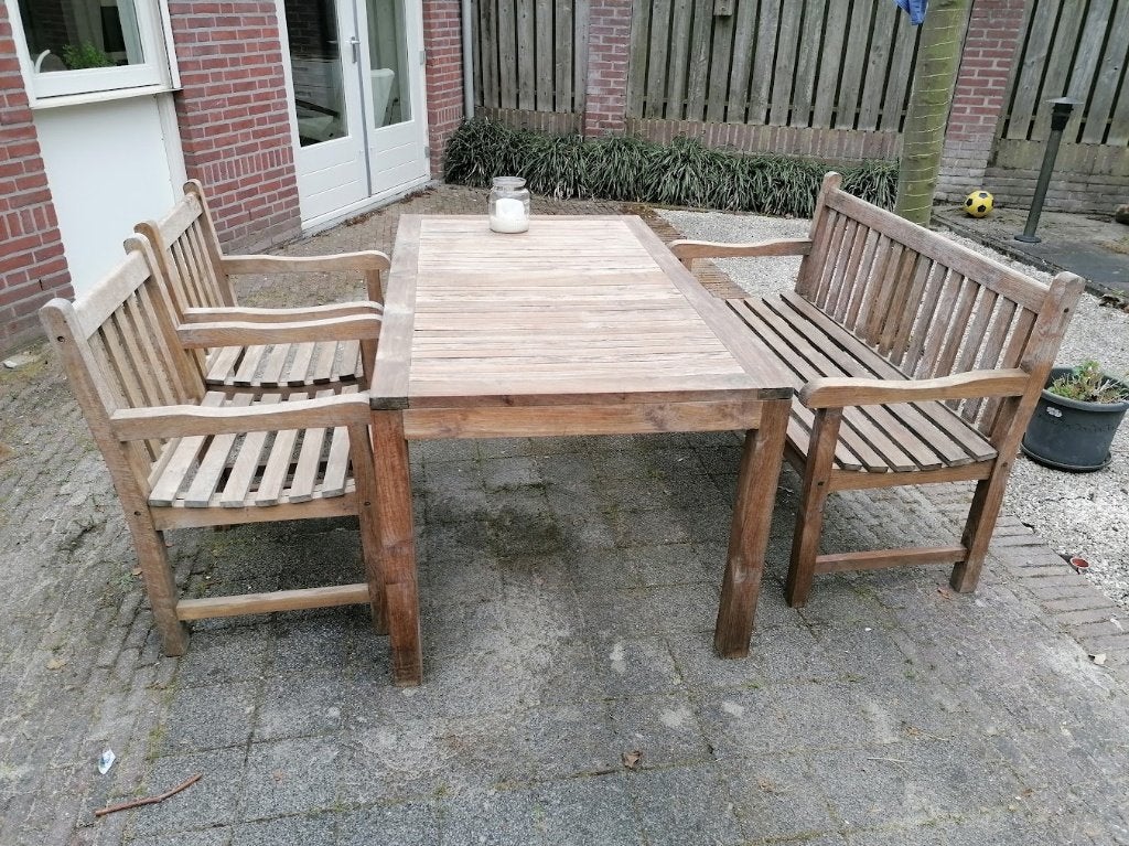 Teakhouten set, tafel, bank en 2 stoelen, 4 zitplaatsen, Gebruikt, Bank, Teakhout