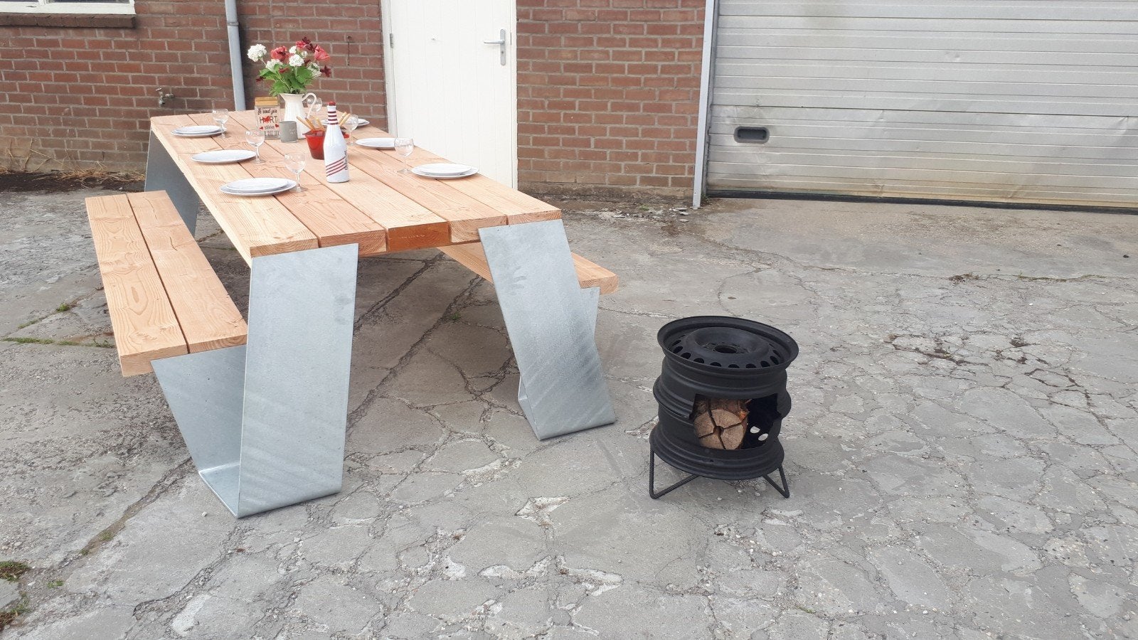 Industriële metal design Douglas picknick bank steigerhout, Tuin en Terras, Ophalen of Verzenden