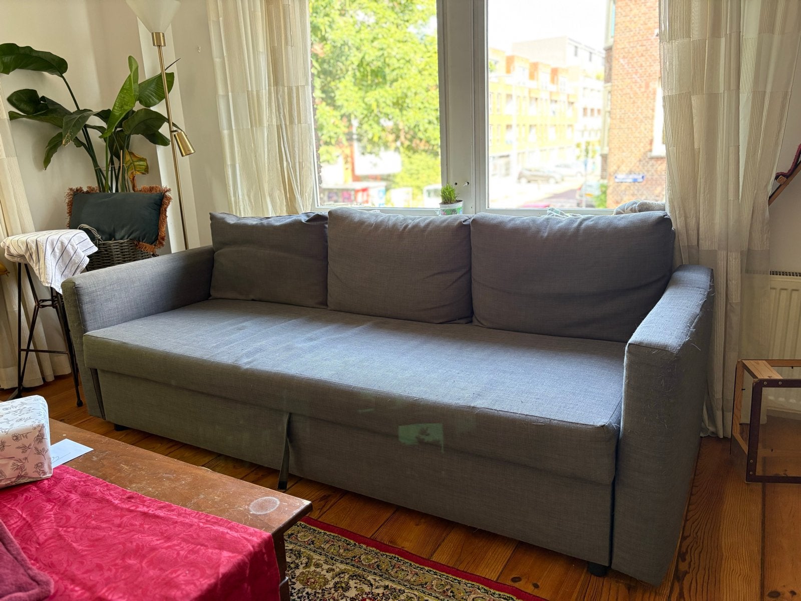 IKEA FRIHETEN slaapbank met opbergruimte - Grijs, Ophalen, Gebruikt, 100 tot 125 cm, Driepersoons