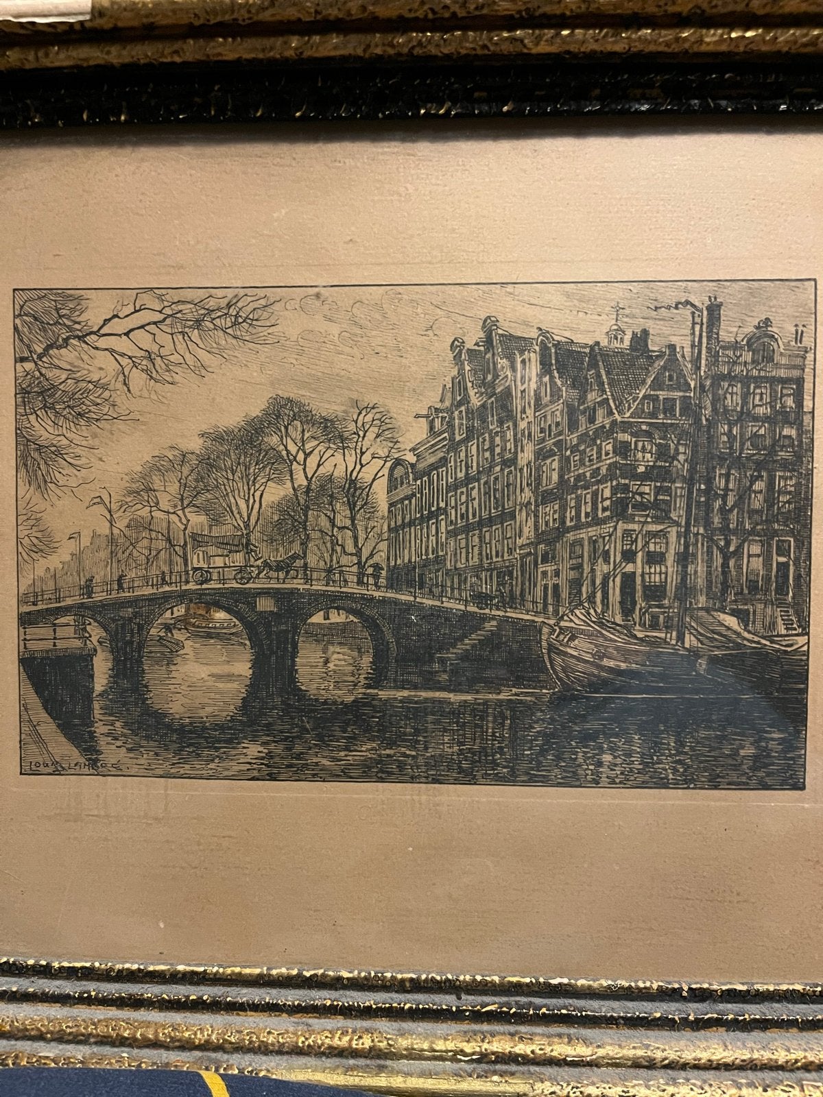 Oude Amsterdamse gracht met brug - Louis Raemaekers, Ets, Stadsgezicht, Ophalen of Verzenden, Gesigneerd