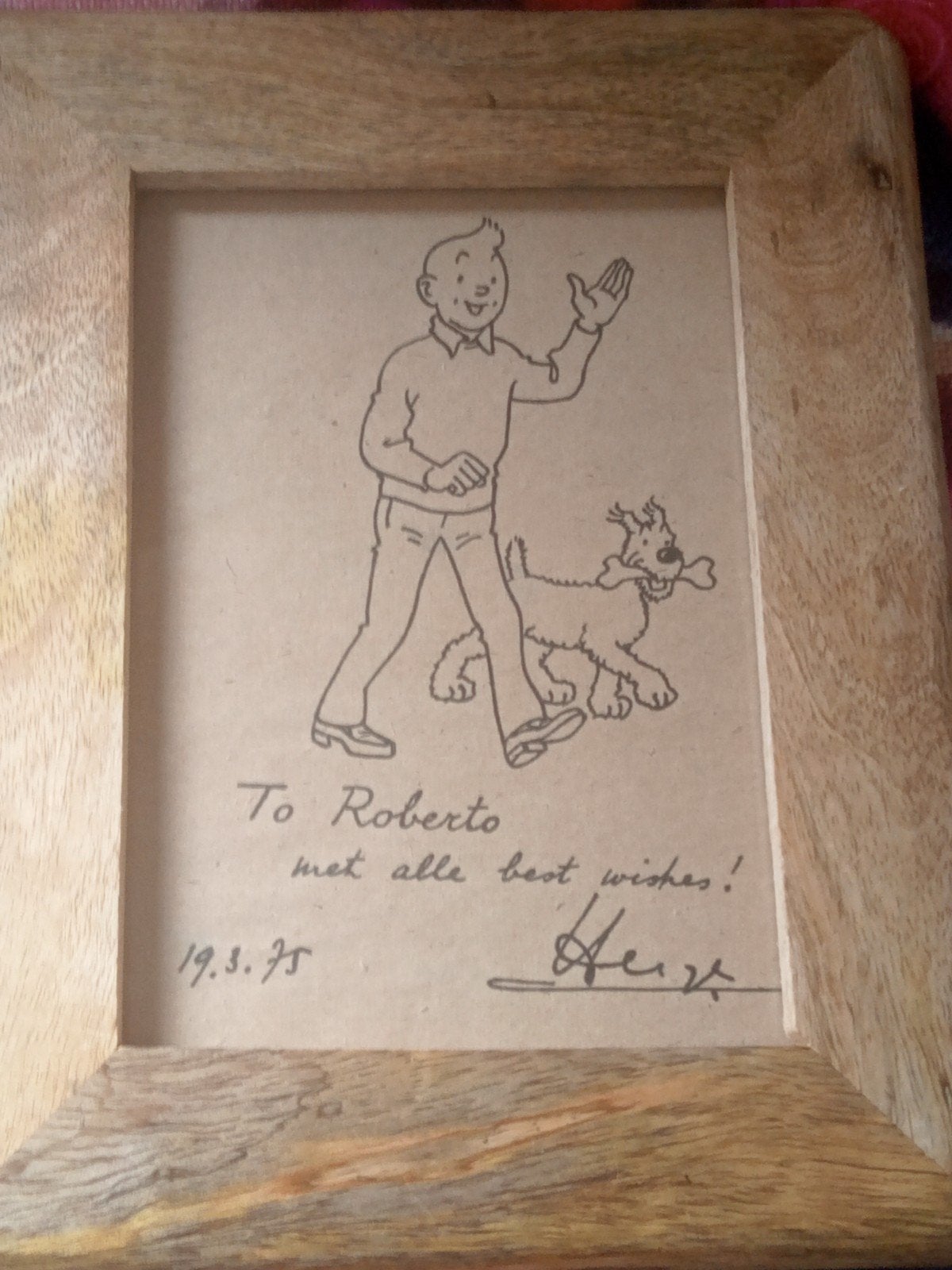 Kuifje en Bobbie ingelijste tekening met handtekening, Ophalen of Verzenden, Kuifje, Gebruikt, Plaatje, Poster of Sticker