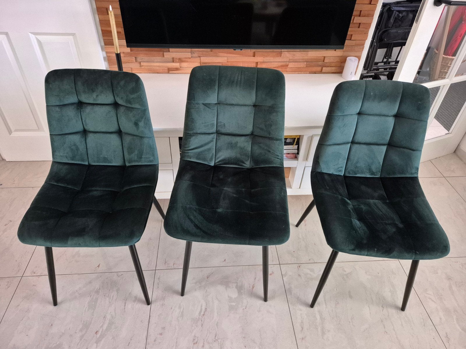 3 Fluweelgroene Eetkamerstoelen, Ophalen, Zo goed als nieuw, Overige kleuren