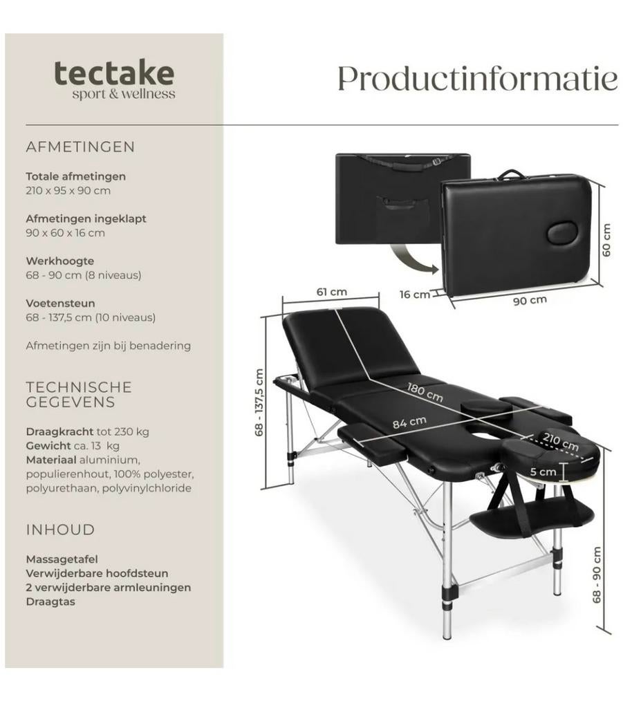 Massagetafel Tecktake incl hoes, Sport en Fitness, Massageproducten, Ophalen of Verzenden, Zo goed als nieuw, Massagetafel