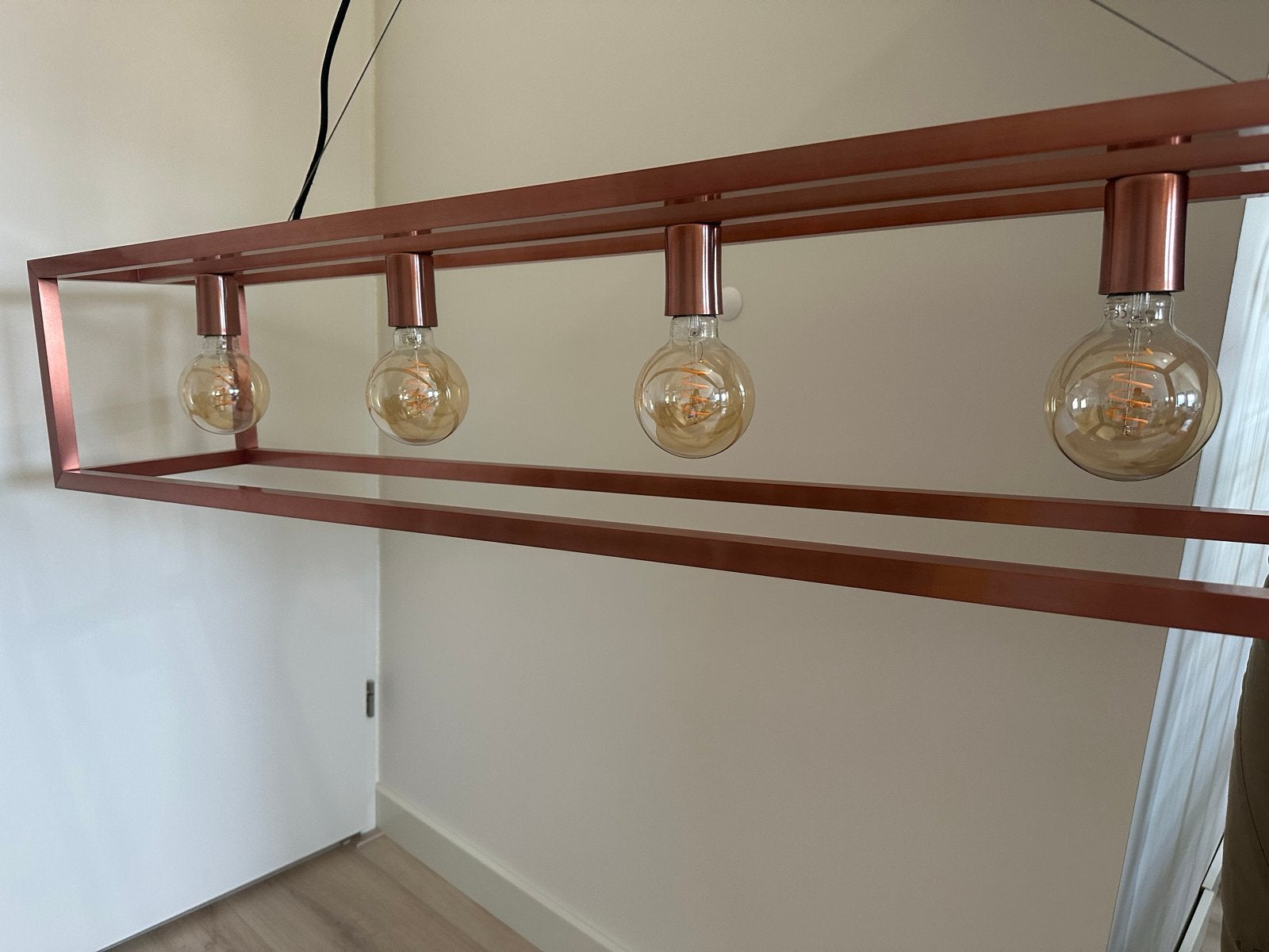 Strakke Koperen Hanglamp met 4 Peertjes - Eetkamer, Huis en Inrichting, Lampen | Hanglampen, Ophalen, Zo goed als nieuw, Metaal