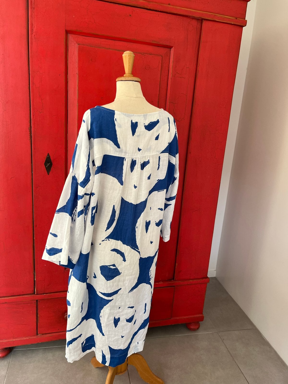Kyra & Ko linnen jurk met blauw-wit patroon, Kleding | Dames, Jurken, Nieuw, Maat 42/44 (L), Blauw, Knielengte, Ophalen of Verzenden